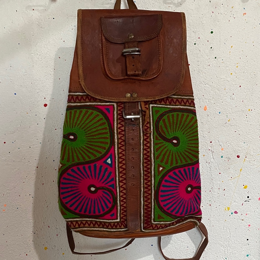Vintage Leather and Canvas Embroidered Backpack